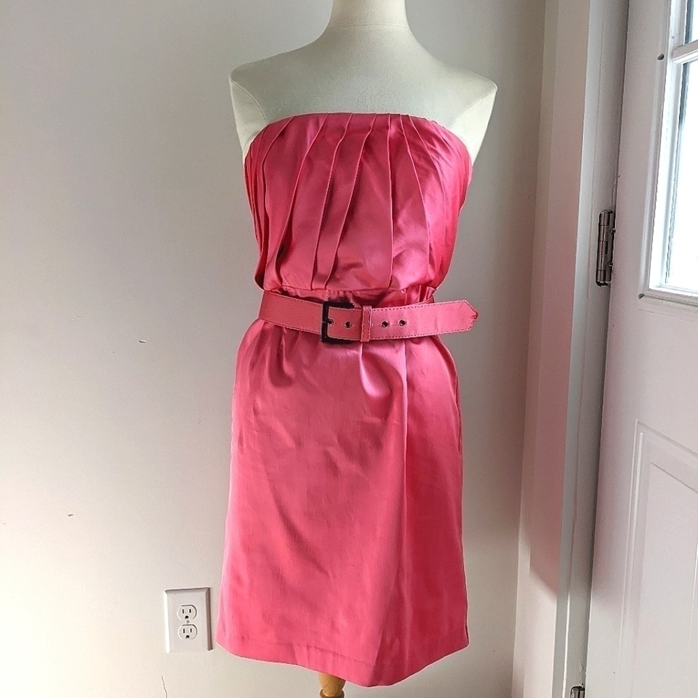 NEW York and Company Hot Pink Belted Midi Strapless Dress 8 Mod Retro Wiggle